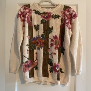 Vintage de Rotchild Floral Crewneck Sweater Cream Size Large